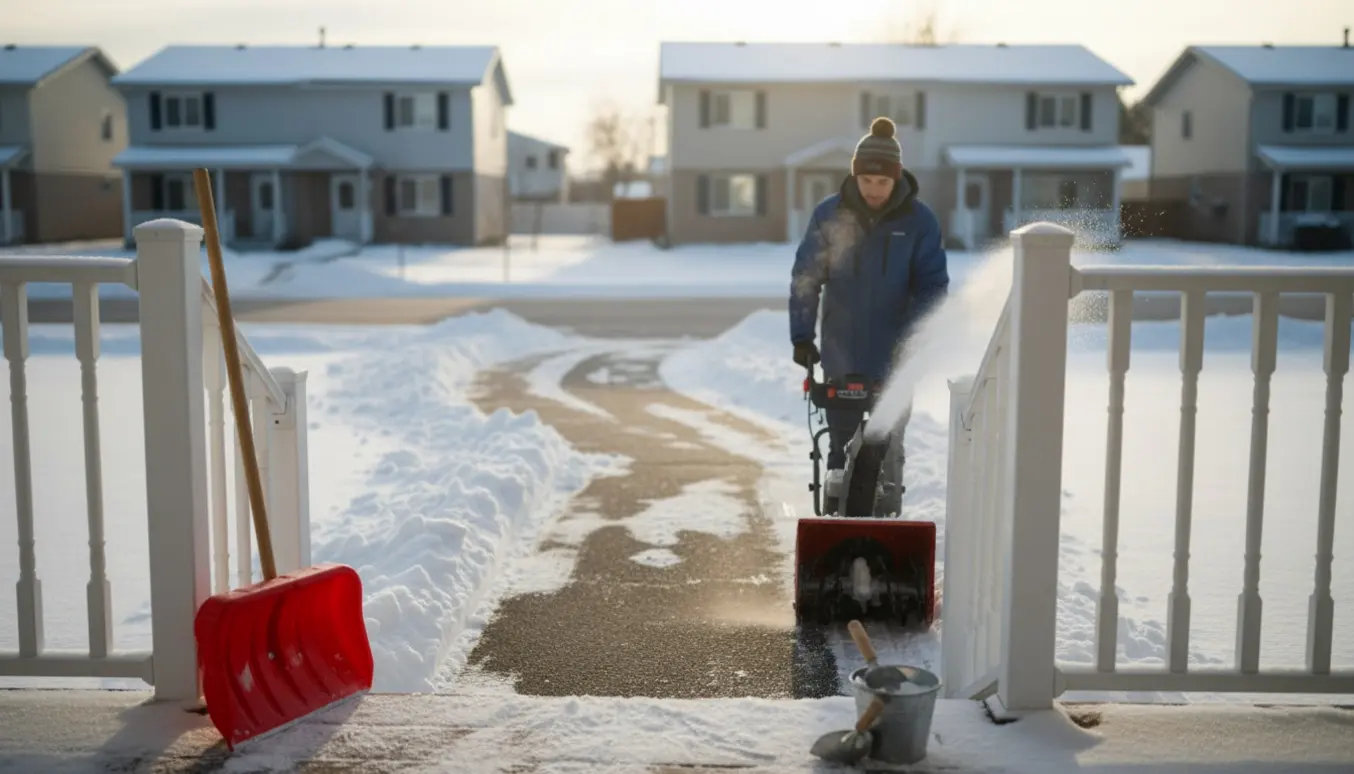 Person rydder sne fra indkørsel med sneslynge og skovl foran række huse på en frostklar morgen.