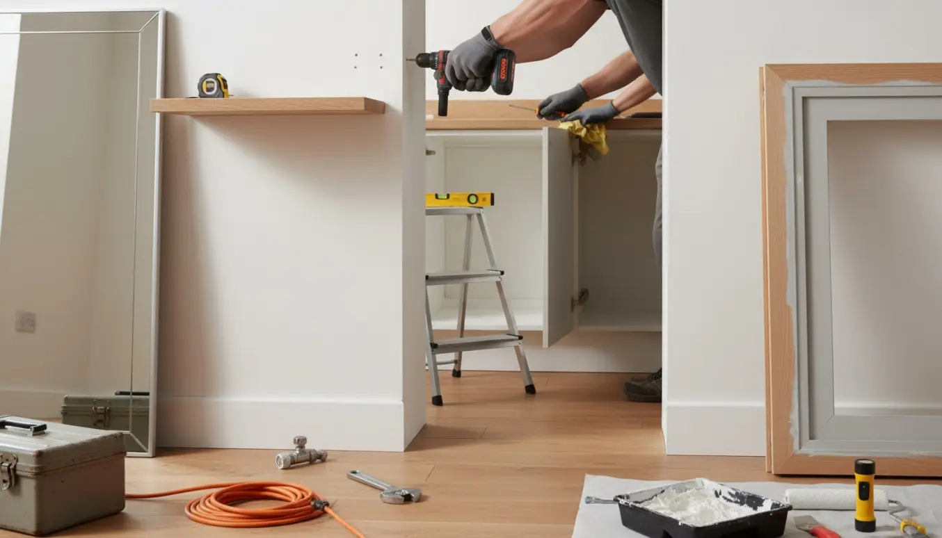 En handyman arbejder i en lejlighed med værktøj ved opsætning af hylde, spejl, justering af låger, radiatorundersøgelse og maling af dørkarm.