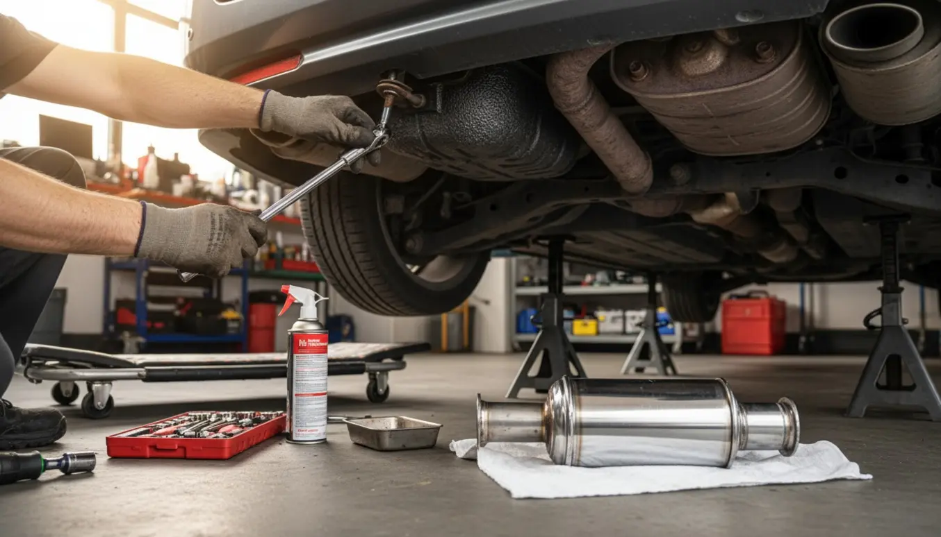 Mekaniker skifter partikelfilter på en Honda Accord Tourer i en garage med nyt filter og værktøj i fokus.