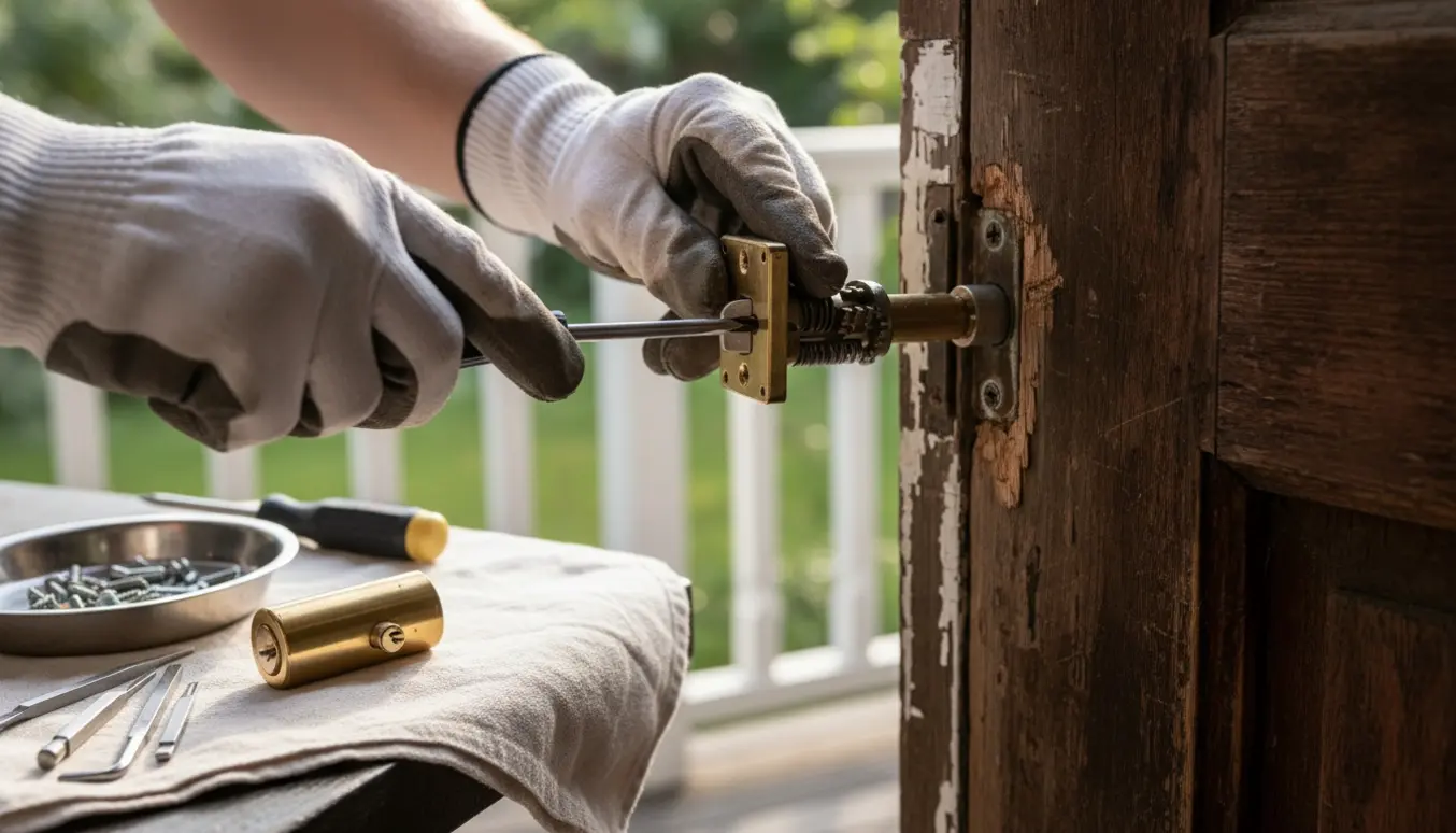 Nærbillede af udskiftning af Ruko-cylinderen i en slidt træ-yderdør med værktøj ved siden af.