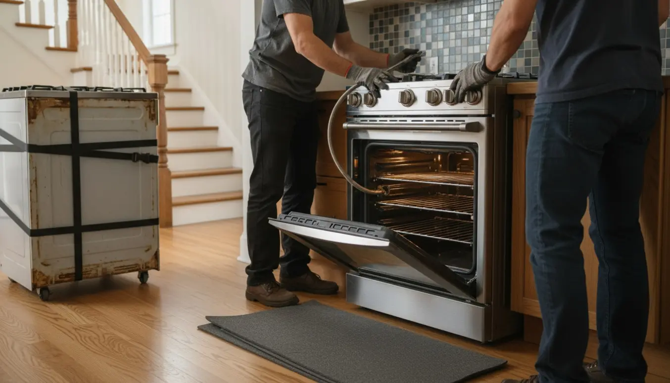 Teknikere sætter et nyt fritstående gaskomfur med elektrisk ovn på plads i køkkenet, mens det gamle komfur står klar på en flyttevogn ved en bred trappe.