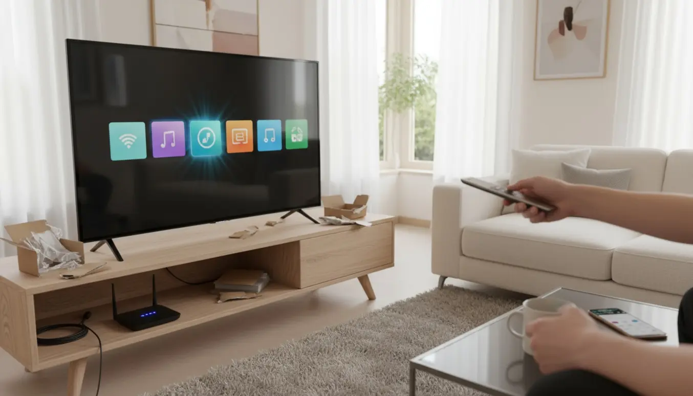 Hænder bruger fjernbetjening til at installere en app på et nyt smart-tv i en lys stue.