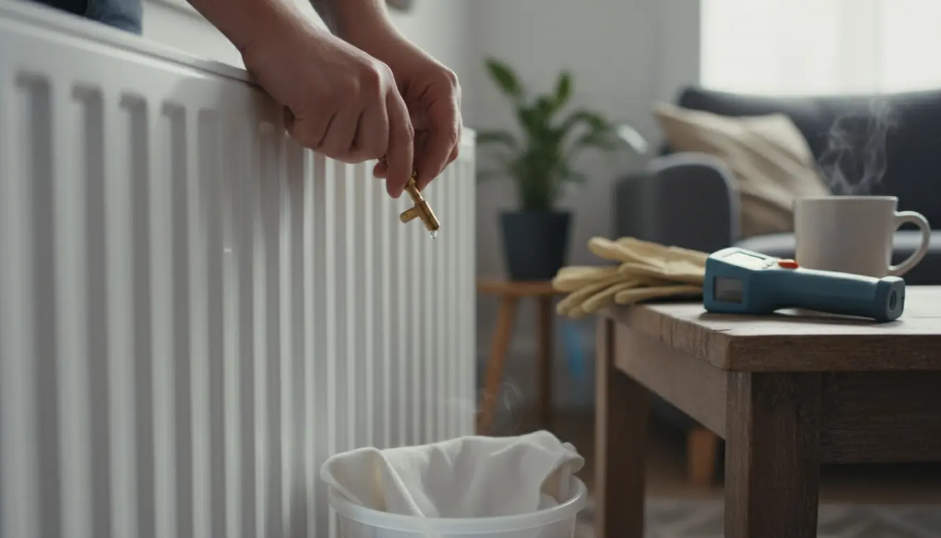 Nærbillede af hænder, der lufter en kold radiator med en radiatornøgle og en spand under.
