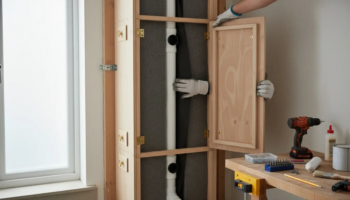 Rørkasse i træ under opbygning omkring en lodret faldstamme med åben hængslet inspektionslem og lydisoleringsmaterialer.