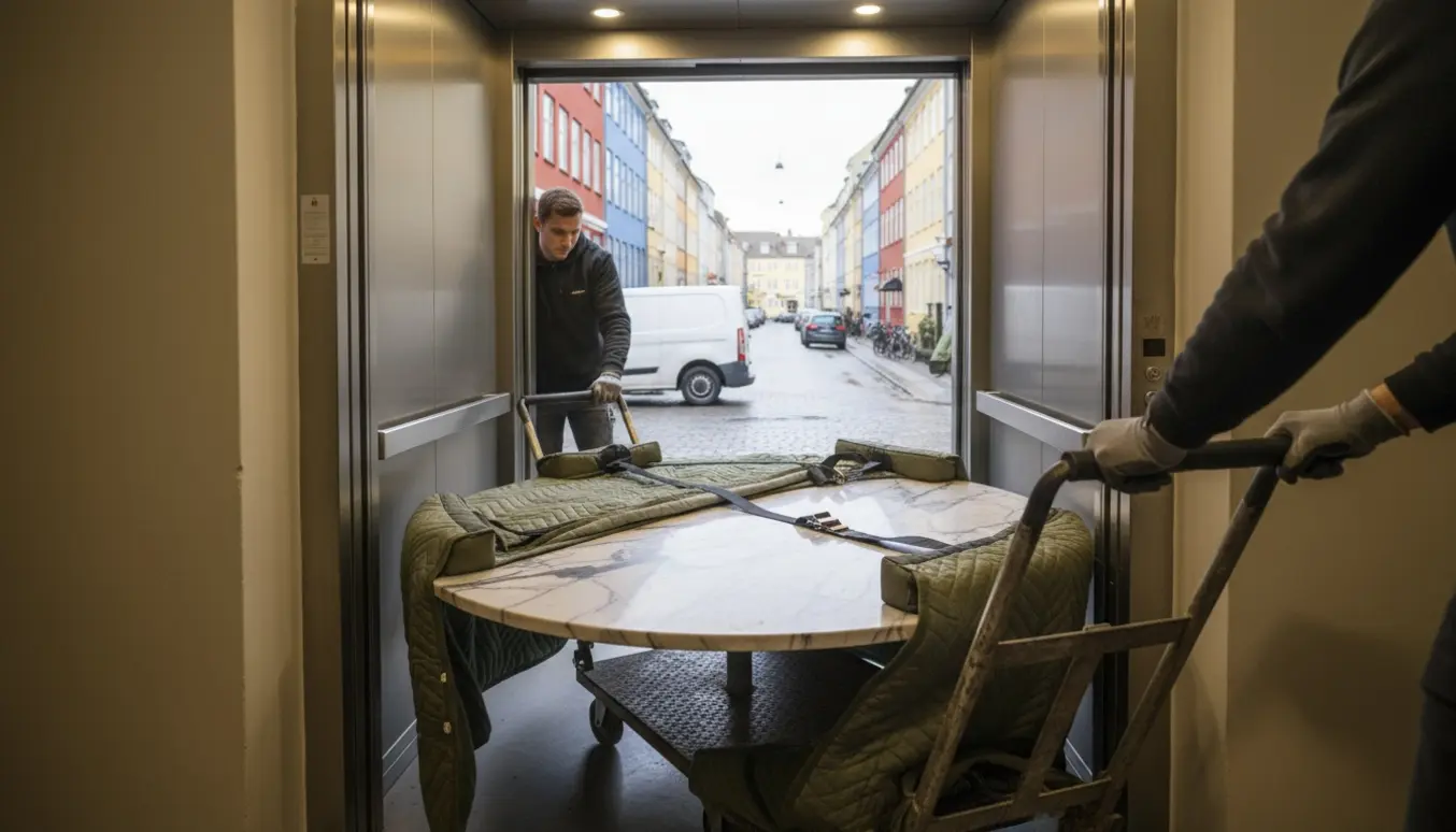 To flyttemænd fører et stort marmorbord ind i en elevator ved en lejlighedsopgang i København.