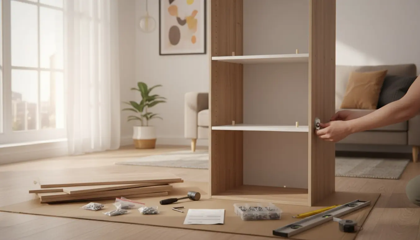 Nærbillede af hænder, der monterer et fladtpakket garderobeskab med hylder og værktøj i et lyst rum.