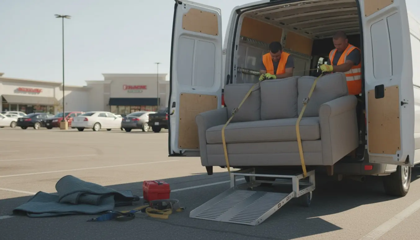 Trepersoners sofa læsset på varebil i et shoppingcenters parkeringsplads med flyttetæpper og stropper klar til transport.