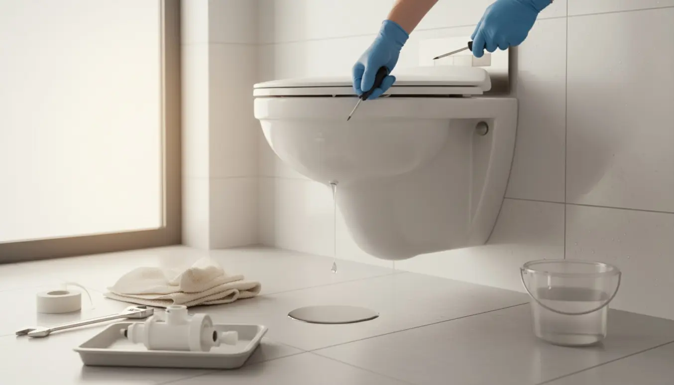 Hængetoilet med dryp, hvor hænder fjerner skyllepladen og værktøj er klar til reparation.