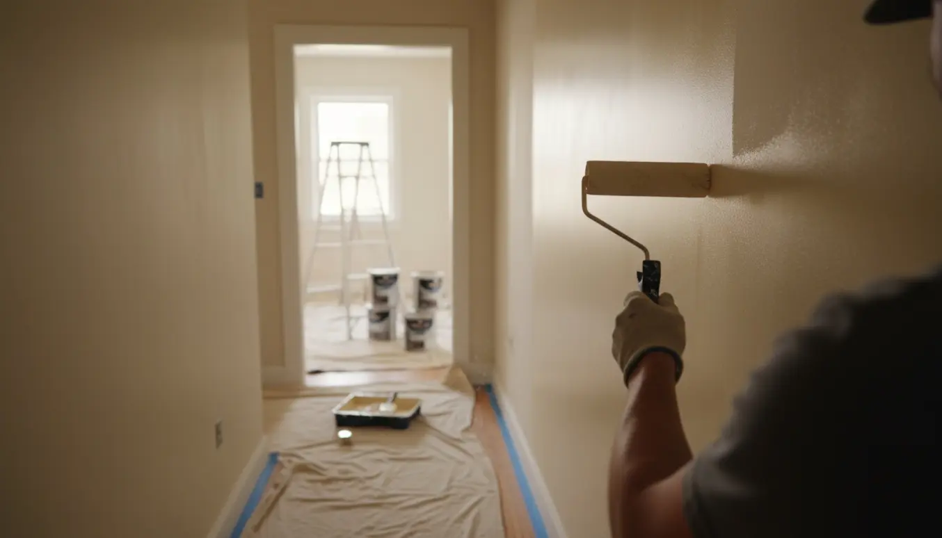 To smalle værelser under maling med rulle, malerbøtte, stige og afdækningsdug i naturligt dagslys.