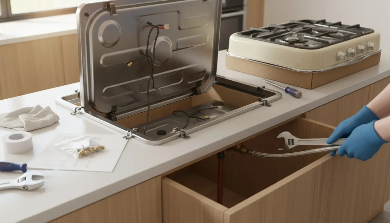 Udskiftning af gaskogeplade med ny kogeplade og dyser, hænder arbejder ved gasflexslange i et åbent skab.