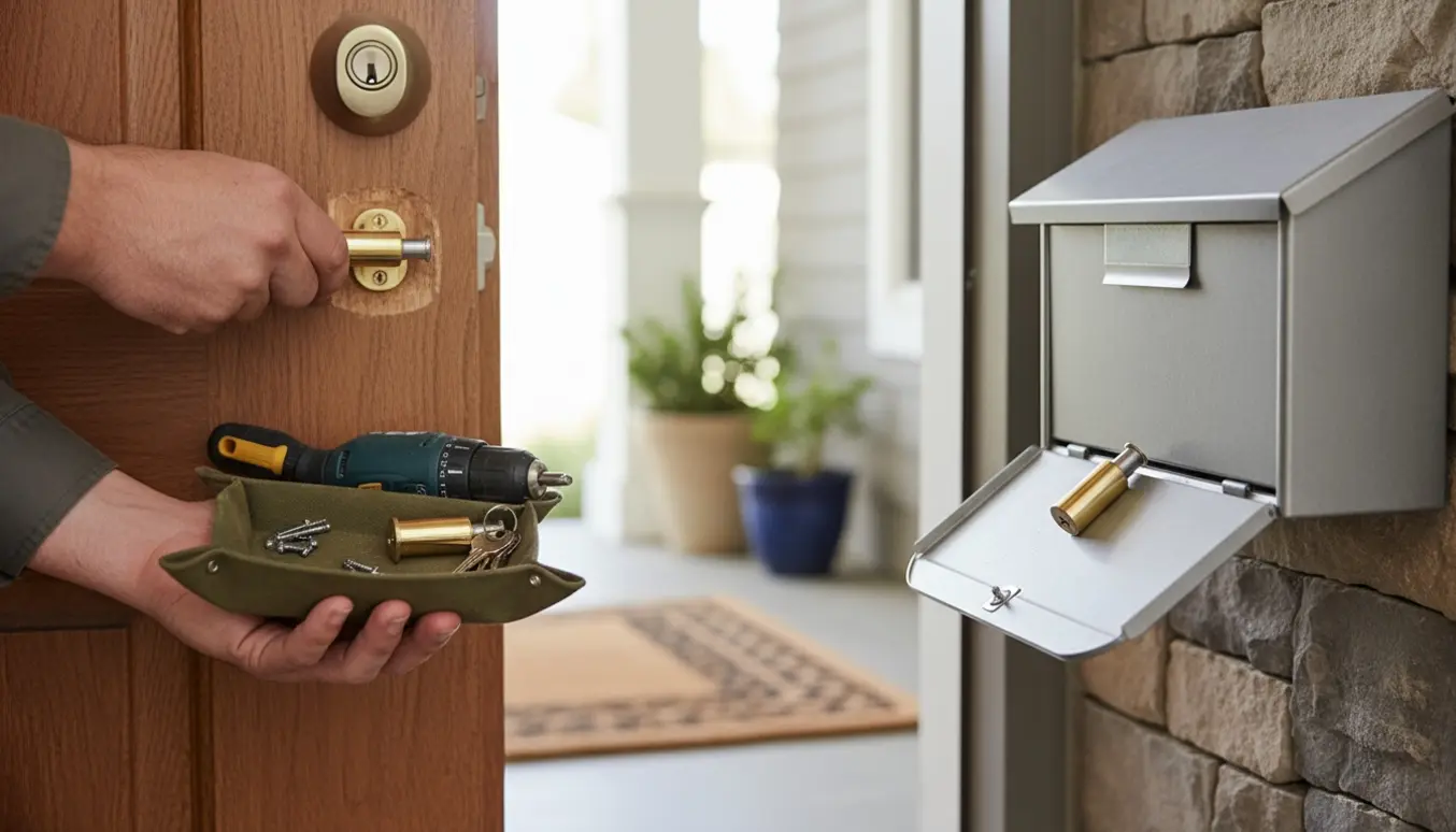 Hænder skifter cylindre i hoveddør og postkasse med værktøj på en fortrappe.