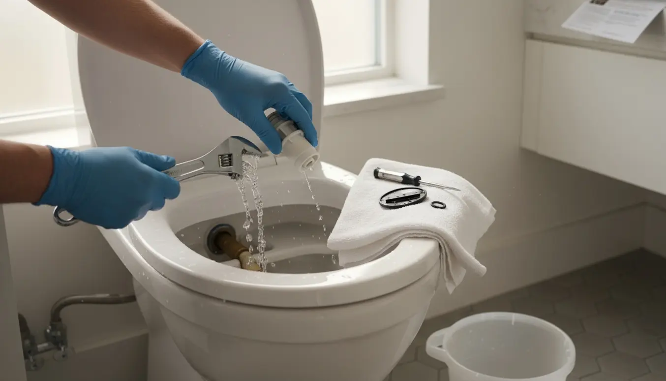 Hænder med handsker reparerer en åben toilettank med rindende vand i et lyst, rent badeværelse.