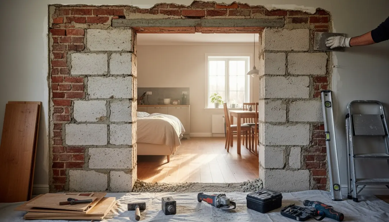 Frisk åbnet døråbning i et ældre hus med eksponeret mursten og gasbeton og værktøj ved siden af.