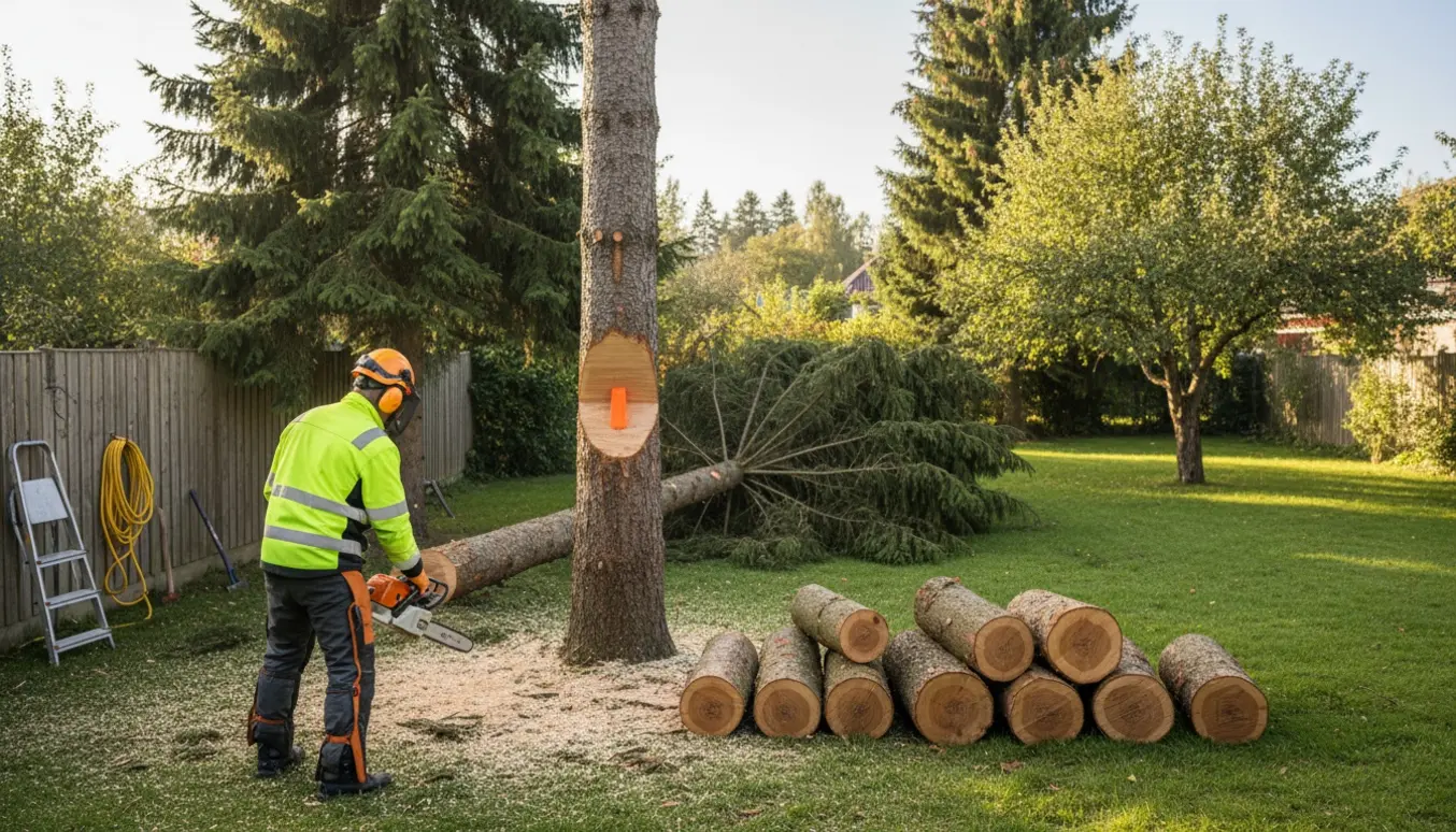 Person i værneudstyr fælder gran- og vildæbletræ i en have med motorsav, bunke korte stykker træ og savsmuld.