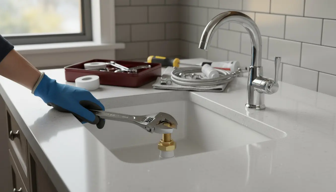 Håndværkers hænder strammer fittings under en ny hvid håndvask med armatur i et lyst badeværelse.