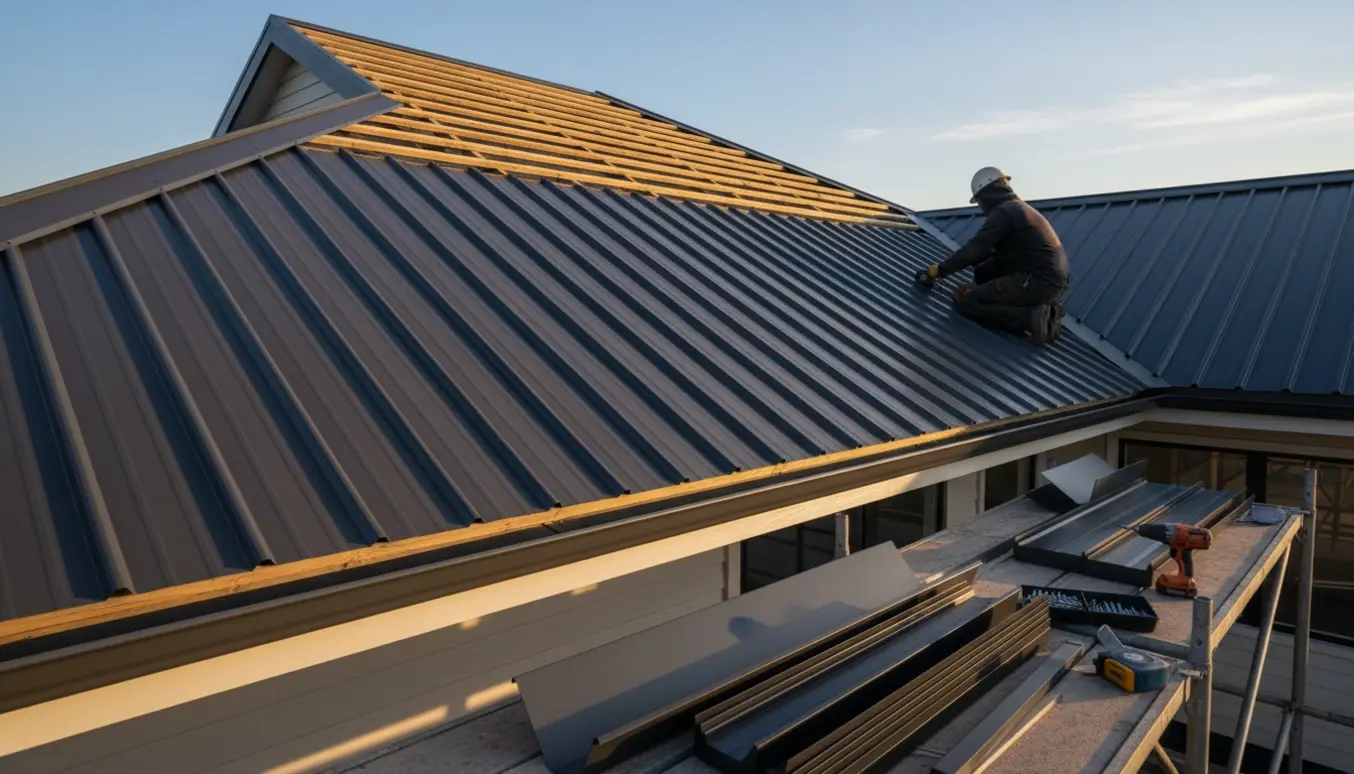 Montering af ståltag med lægter, skotrender, stålplader og tagrender, håndværkere set bagfra.