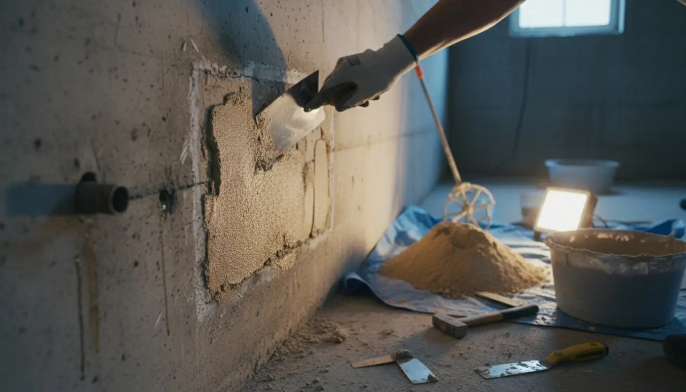 Nærbillede af handsker, der spartler og pudser en ru kældervæg efter fjernet olietank, med spand og murske i baggrunden.