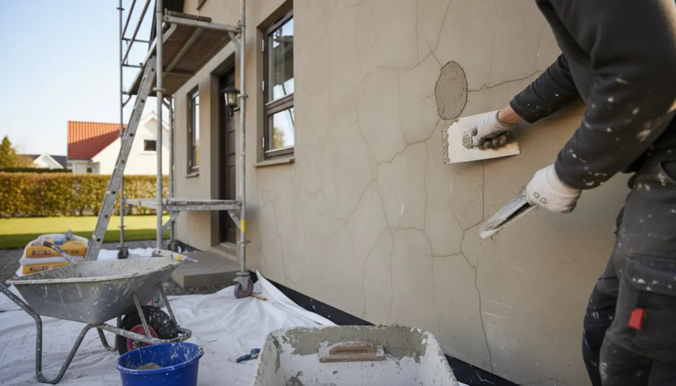 Pudsning af ydermur på et 1,5-plans hus med stillads over hoveddøren og en hånd, der glatter frisk puds.