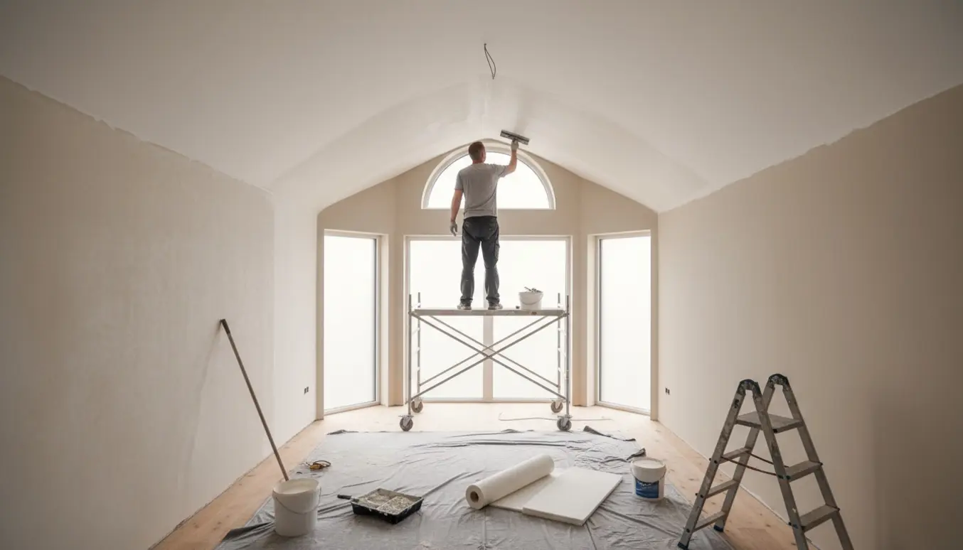 Indvendig tilbygning med loft til kip, hvor vægge filtes og males, stillads og malerværktøj synligt.