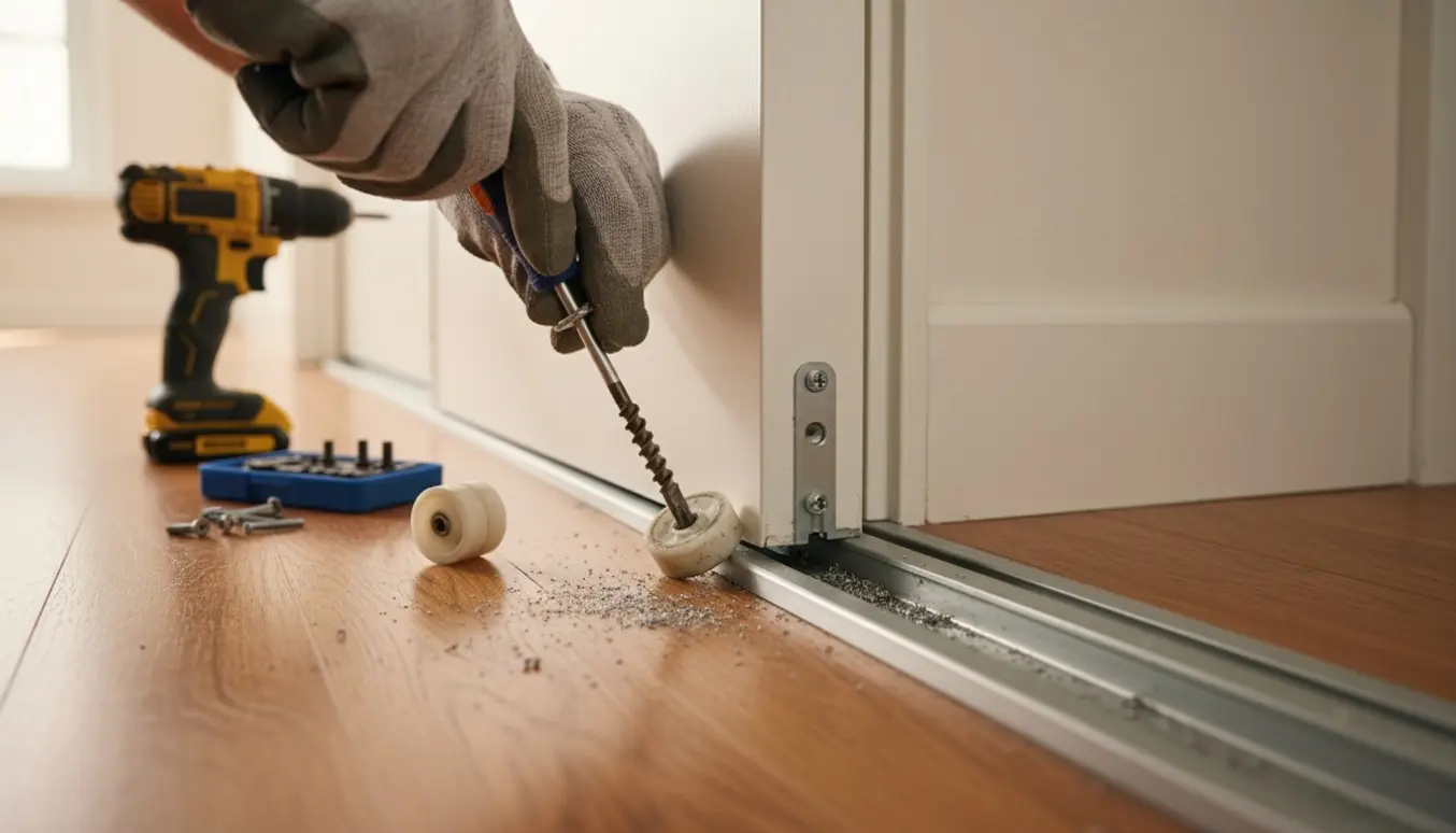 Nærbillede af reparation af en indvendig skydedørs glider med værktøj og en afbrækket skrue.