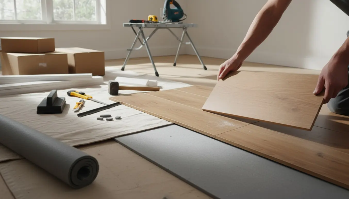 Nærbillede af klikgulvsinstallation med kliklaminat, underlag, værktøj og hvide kantlister i et lyst rum.