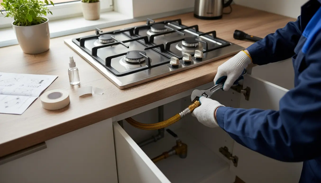 Nærbillede af teknikerhænders tilslutning af gaskogeplade til gasforsyning i et moderne køkken.