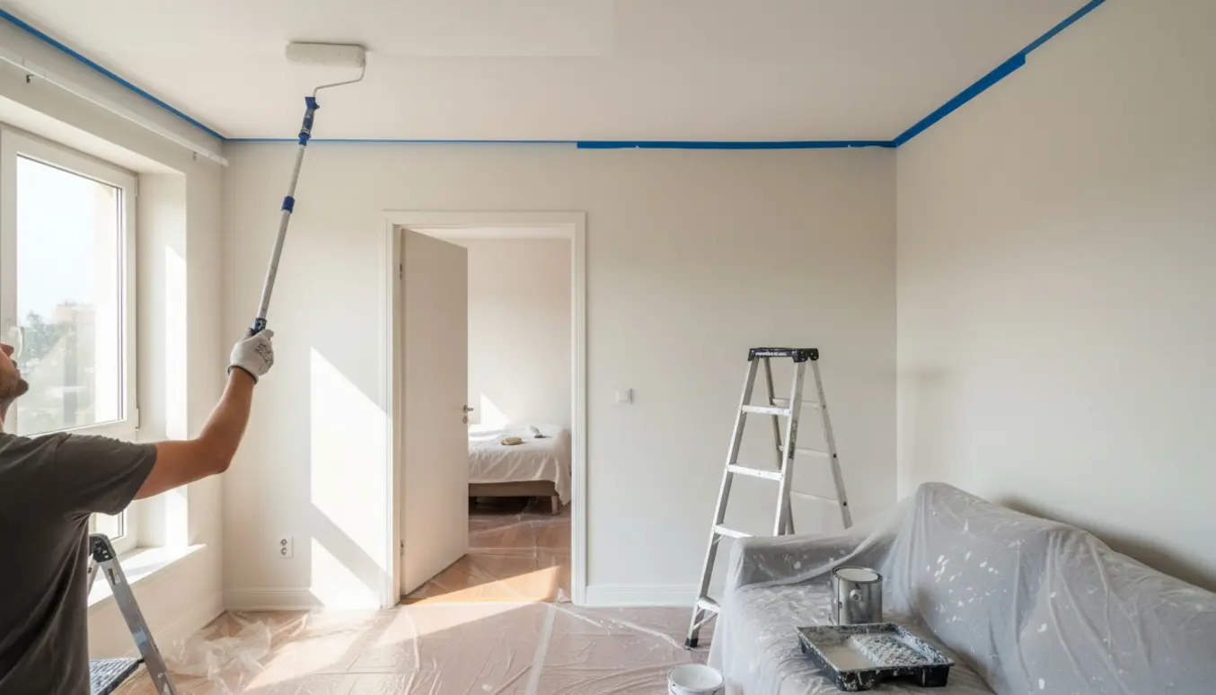 Loft bliver malet hvidt i en lys lejlighed med malerens arme, stige og beskyttelsespresenninger i forgrunden.