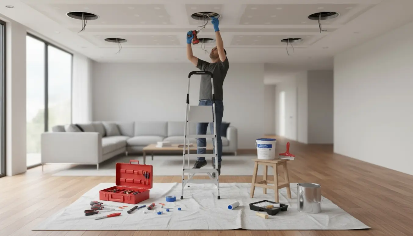 Hænder fjerner og dækker indbyggede spotlygter i et moderne loft med værktøj og beskyttelsesdækken.