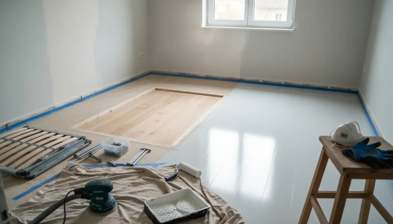 Værelse efter nedtagning af indbygget seng med halvslebet gulv, værktøj og nymalet væg i Nordsjø Nordic Light.