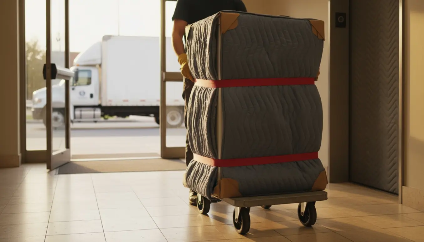 Et indpakket fryseskab på en flyttedolly i opgangens elevator, klar til transport.