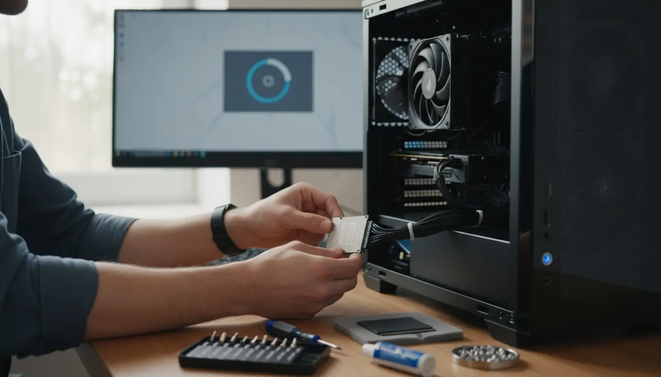 Nærbillede af hænder, der kabler en åben stationær computer på et ryddeligt skrivebord klar til installation og test.