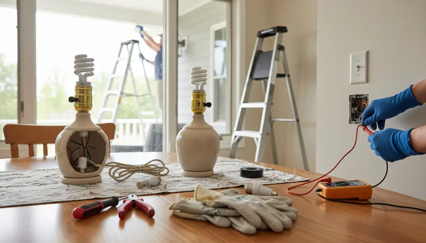 Hænder i handsker reparerer bordlamper og spotlys i en spisestue med værktøj og multimeter.
