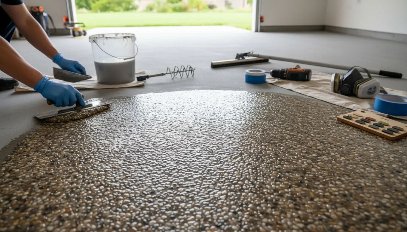 Ny garage med epoxystentæppe under påføring, primer ved siden af og værktøj på gulvet.