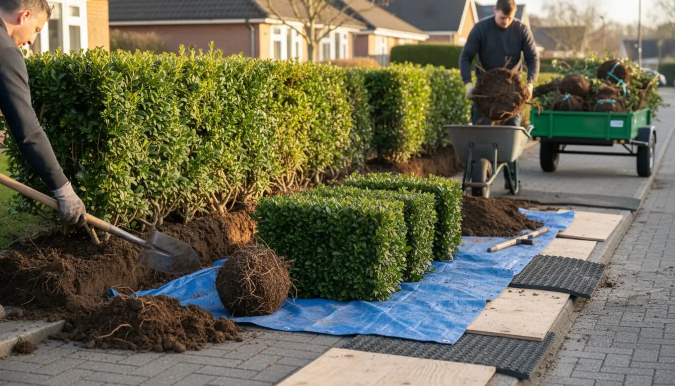 Håndværkere graver en ligusterhæk op langs et flisebelagt fortov med rødder, trillebør og beskyttelsesplader.