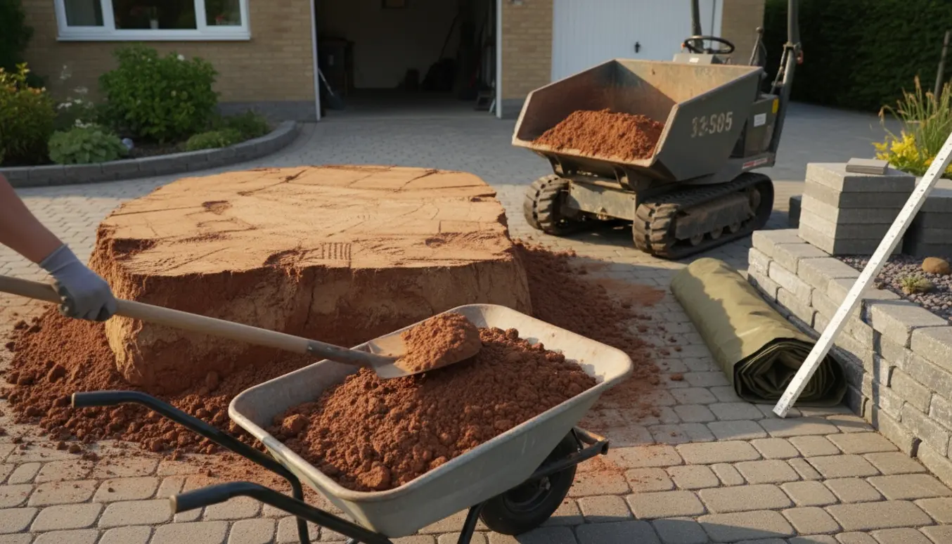 En bunke lerholdig sandjord på en indkørsel bliver skovlet i en mini-dumper med skovl og trillebør i forgrunden.
