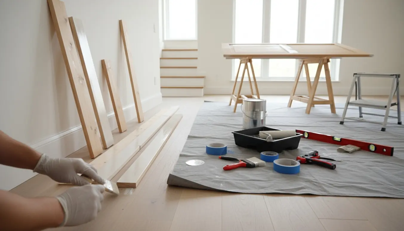 Hænder maler opsatte fodpaneler i et lyst rum med en delvist malet dør og trappe i baggrunden.