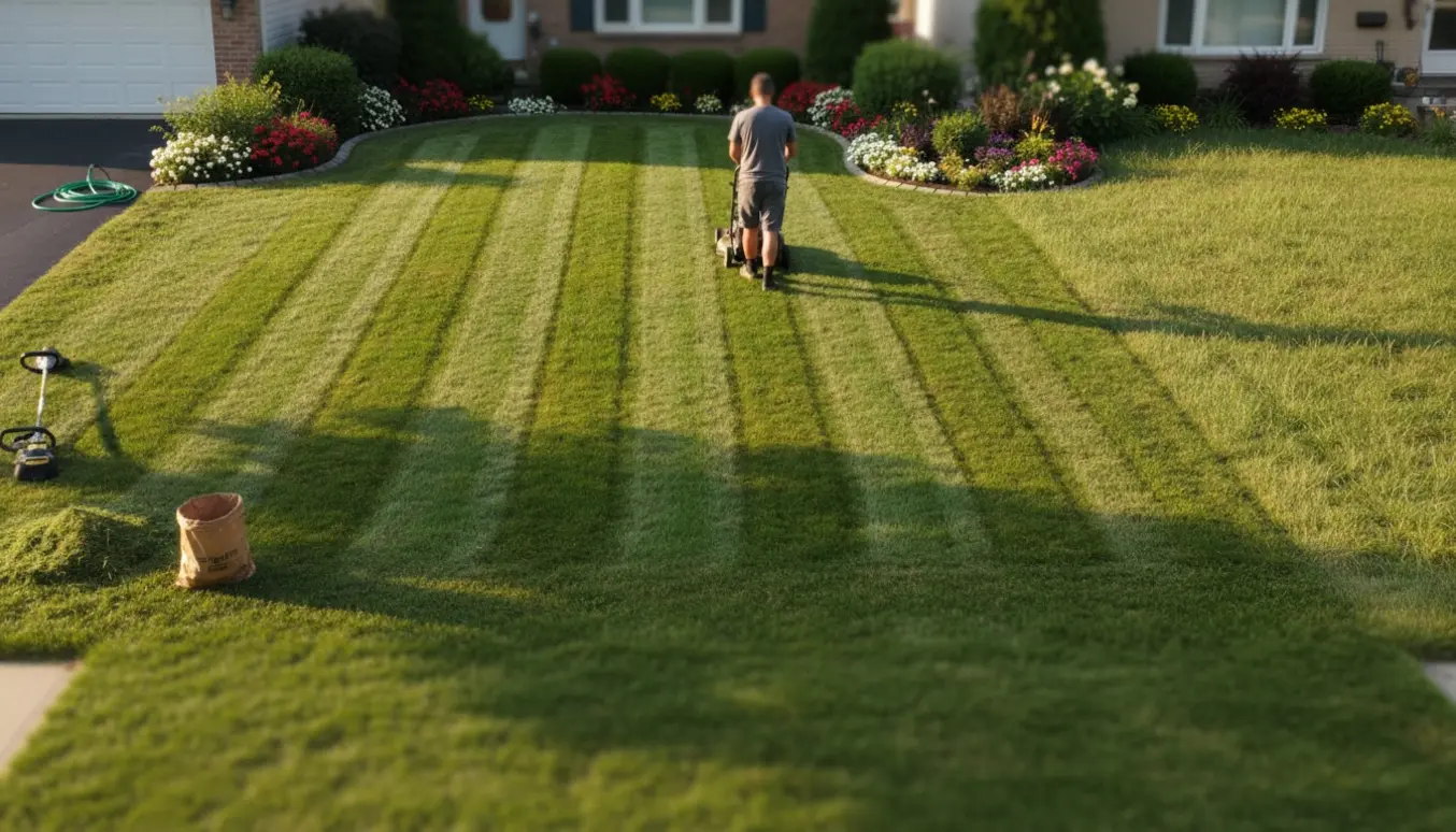 Tre parcelhusgrunde med nyslået og delvist nyslået græs og en plæneklipper i solskin.