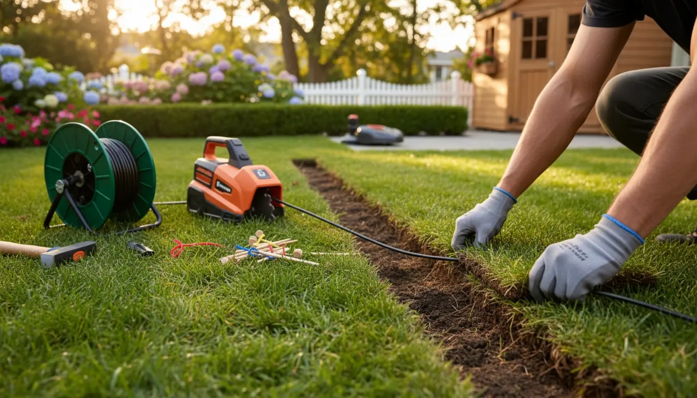 Nedlægning af kabel til robotplæneklipper i haven med rende, kabelrulle og værktøj.