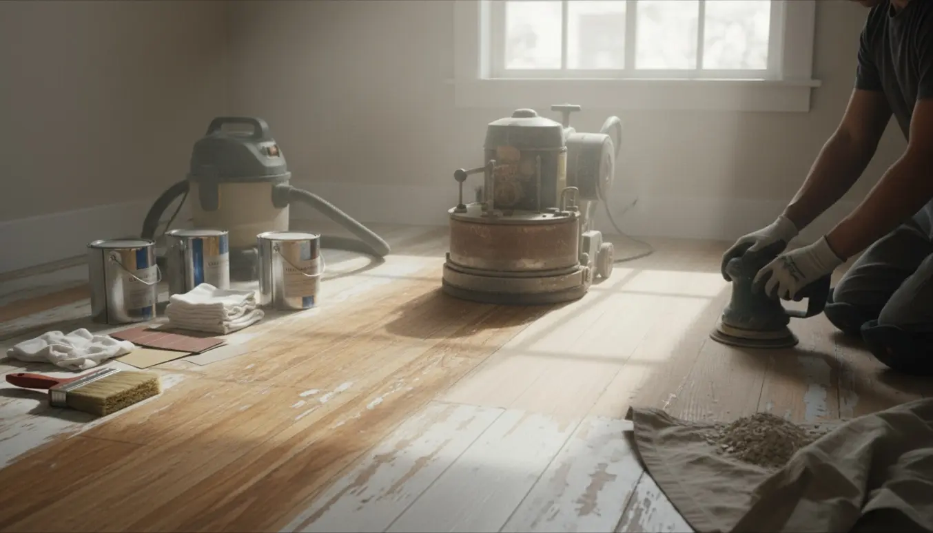 Solbelyst rum med delvist slebet hvidmalet trægulv og værktøj til slibning og efterbehandling med olie og lak.