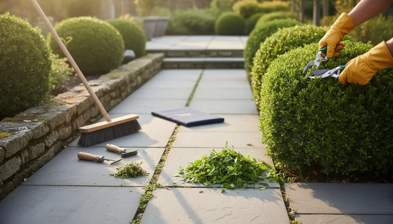 Arbejde i haven: beskæring af buske og fjernelse af ukrudt mellem fliserne på en solrig havegang.