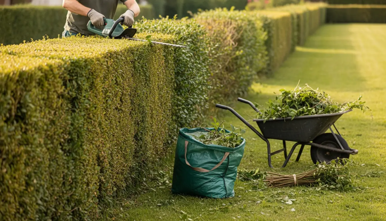 En havearbejder klipper toppen og den ene side af en lang hæk, med trimmer og skubvogn fyldt med afklip.