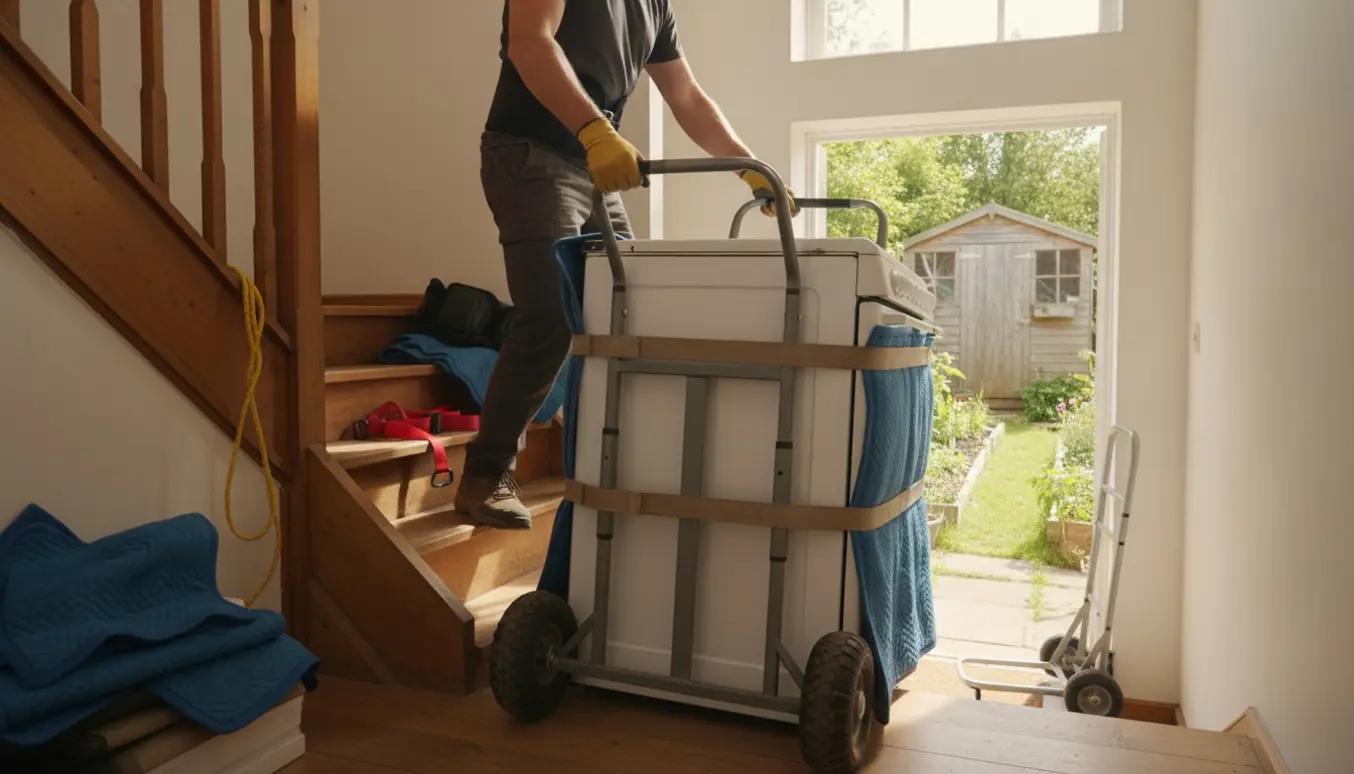 En person trækker et tungt hvidt komfur ned ad en smal trappe med en trappevogndolly på vej mod en lille kolonihave.