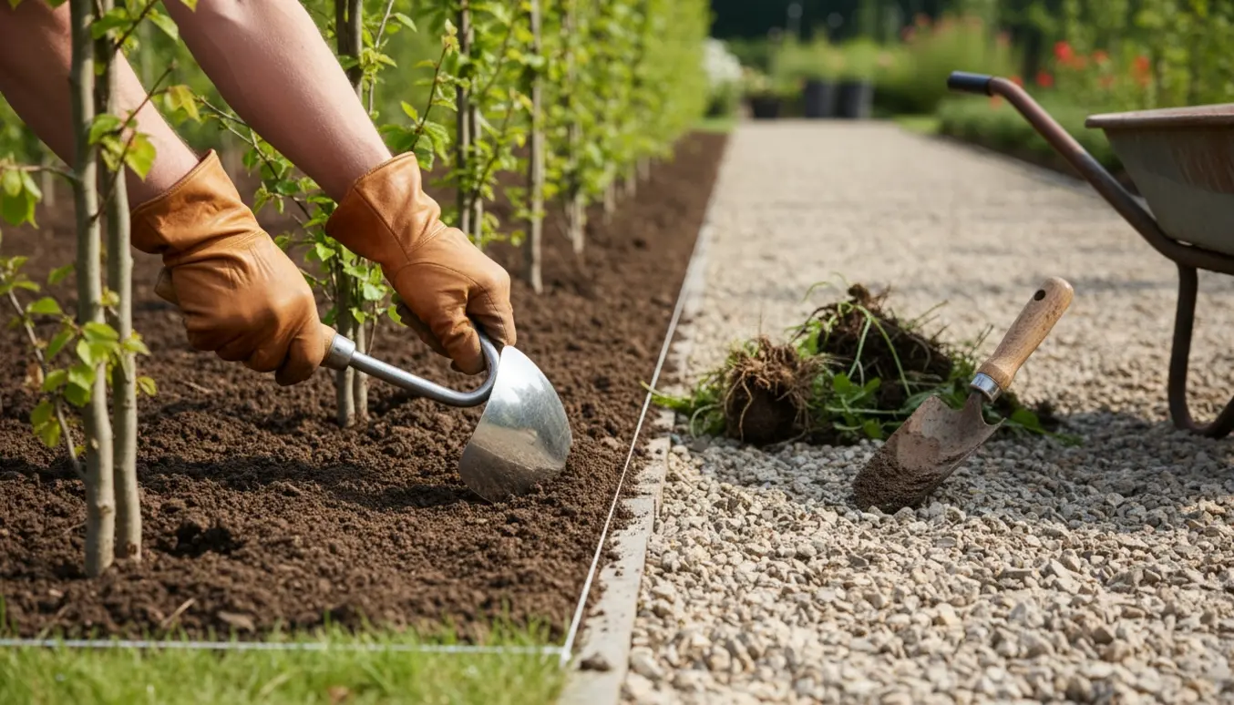 Hænder luger i et nyligt plantet bøgebed og skaber en skarp afgrænsning mod en grussti.