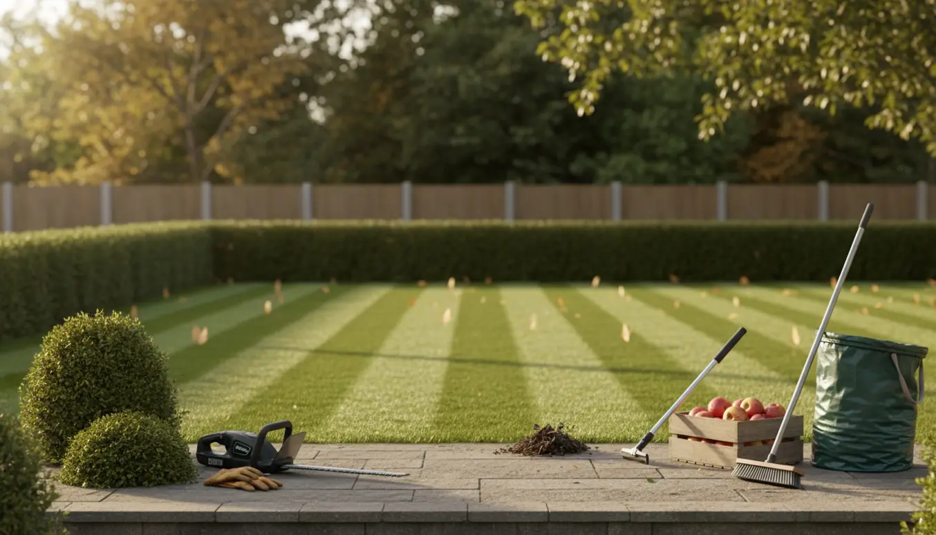 Nytrimmet hæk, nyslået græs og kasser med indsamlede æbler ved en ren fliseterrasse.