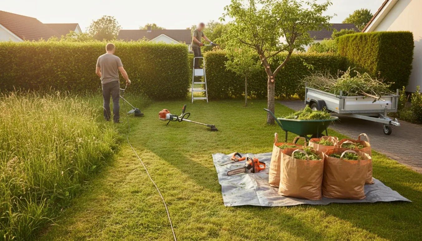 Forhave med høj græsplæne, bagfra set arbejdshænder med trimmer, nyklippet hæk og trailer fyldt med haveaffald.