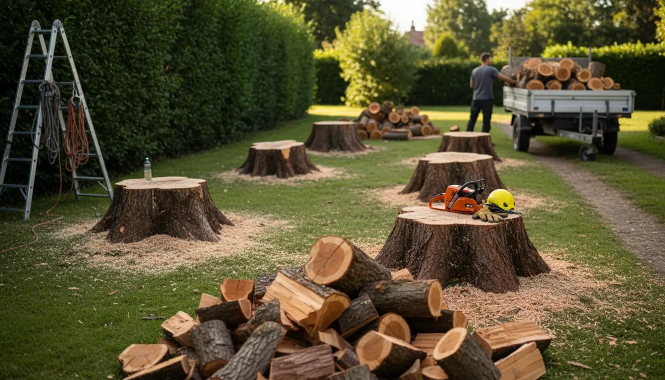 Fem fældede træstammer og stød på en villagræsplæne ved siden af en varevogn, klar til bortkørsel.