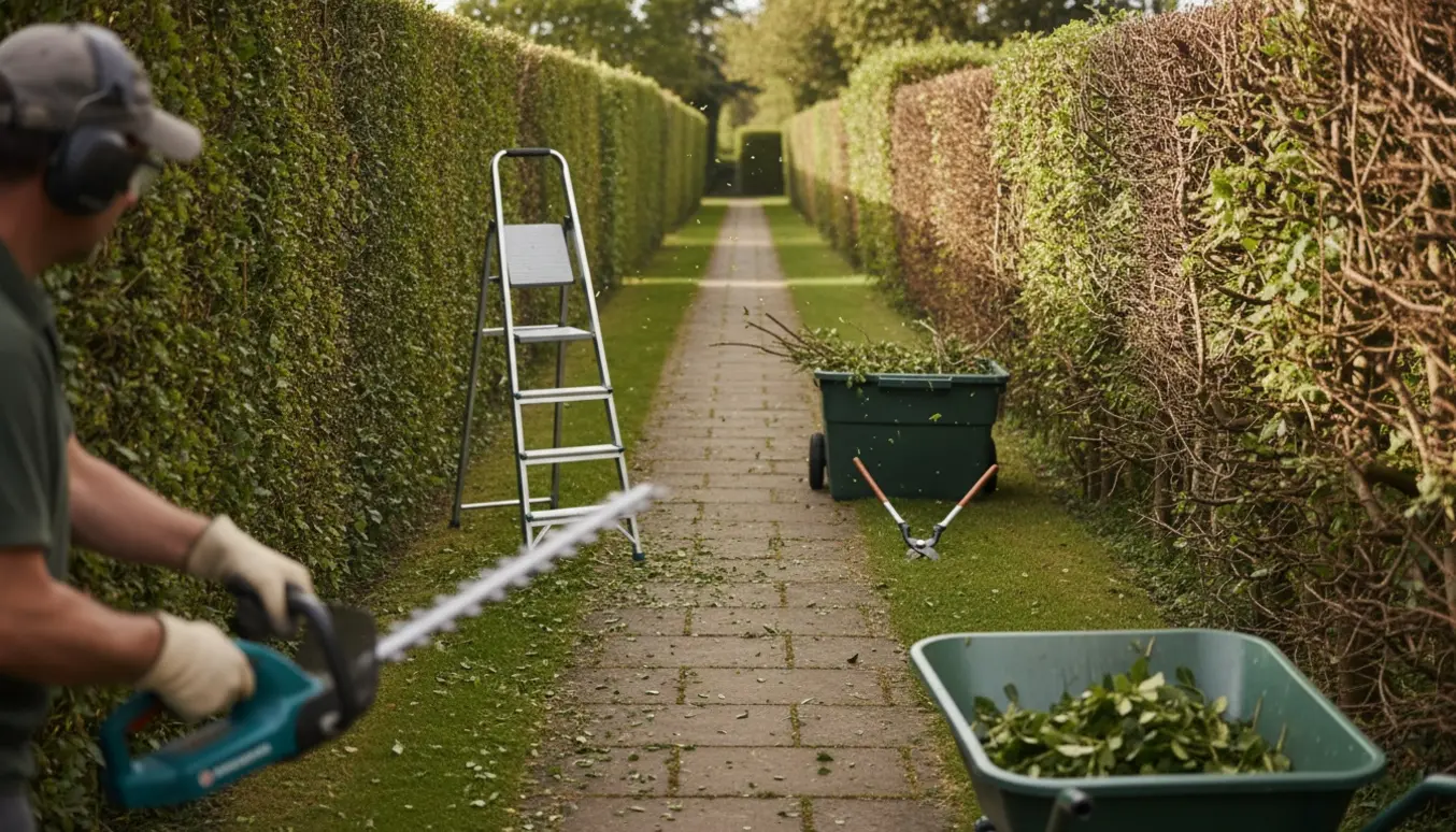 Person bagfra klipper en høj hæk langs en havegang, med haveaffald i en grøn container.