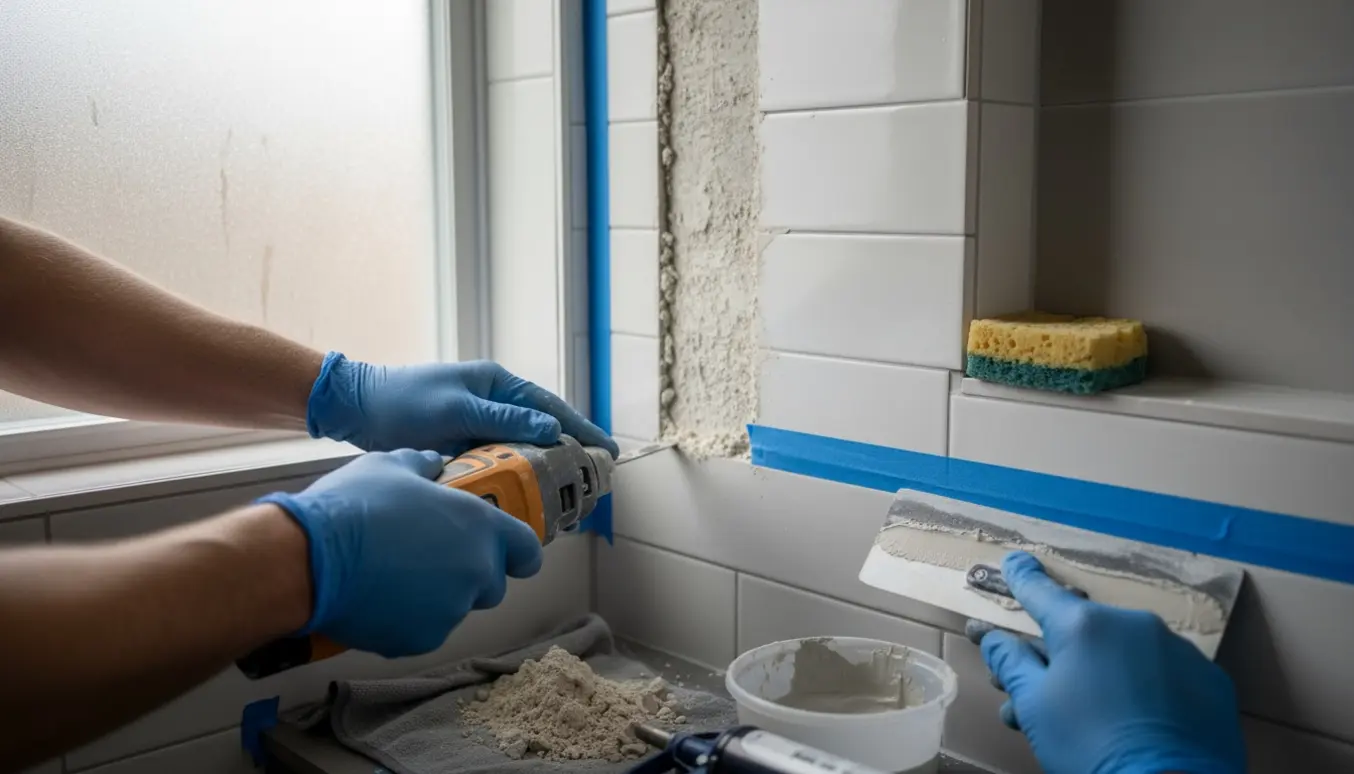 Nærbillede af hænder, der fjerner gammel fuge i en bruseniche og forbereder ny fuge.