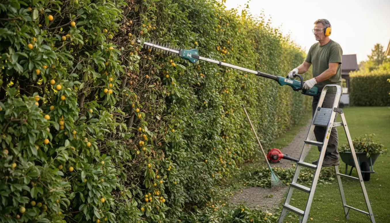 Lang 3–4 m høj mirabelle-hæk bliver klippet fra indersiden og toppen med en teleskophækkeklipper.