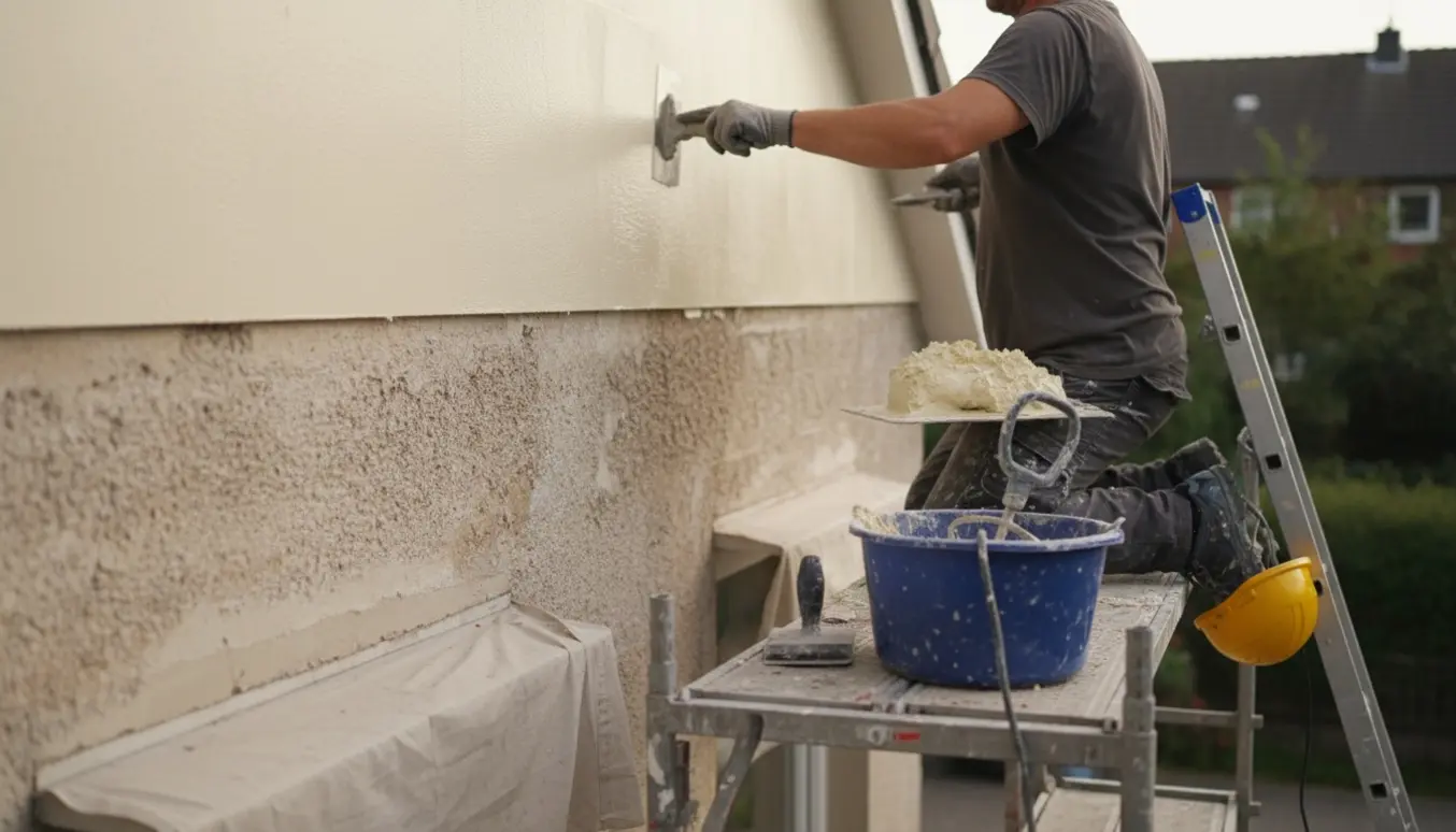 En håndværker glatter frisk facadepuds på en lav gavl med murske og værktøj, ansigt ikke synligt.